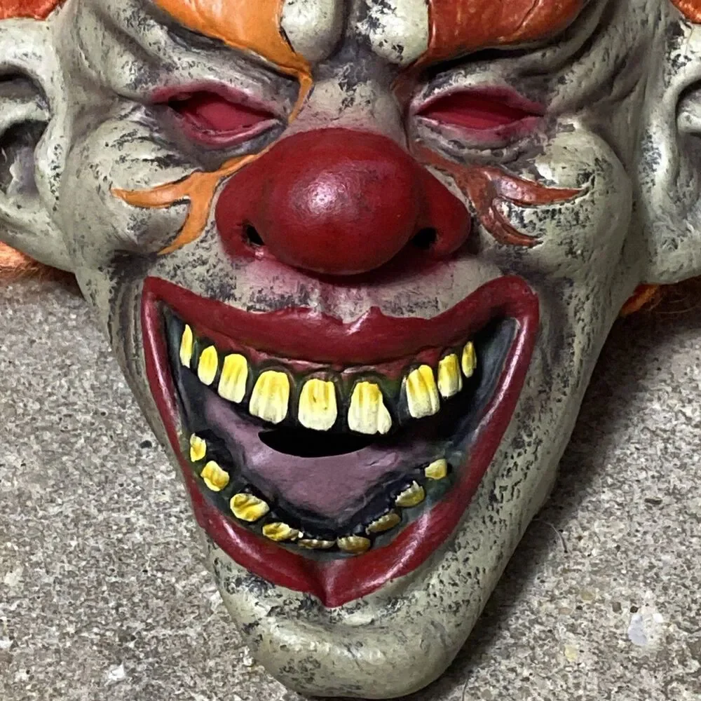 Evil Clown Adult Mask Orange Hair Grinning Teeth Latex Halloween Creepy